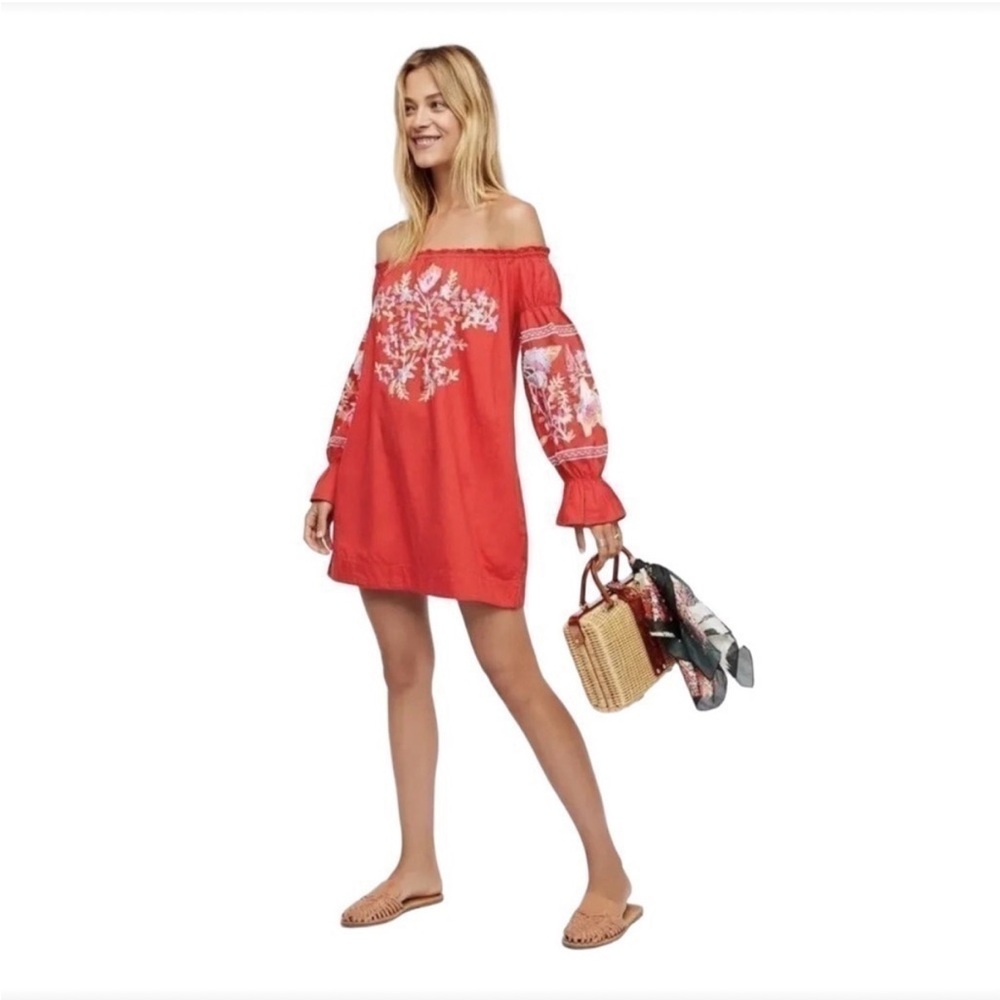Free People Fleur DuJour Red Embroidered Off The Shoulder Dress Size XS NWT